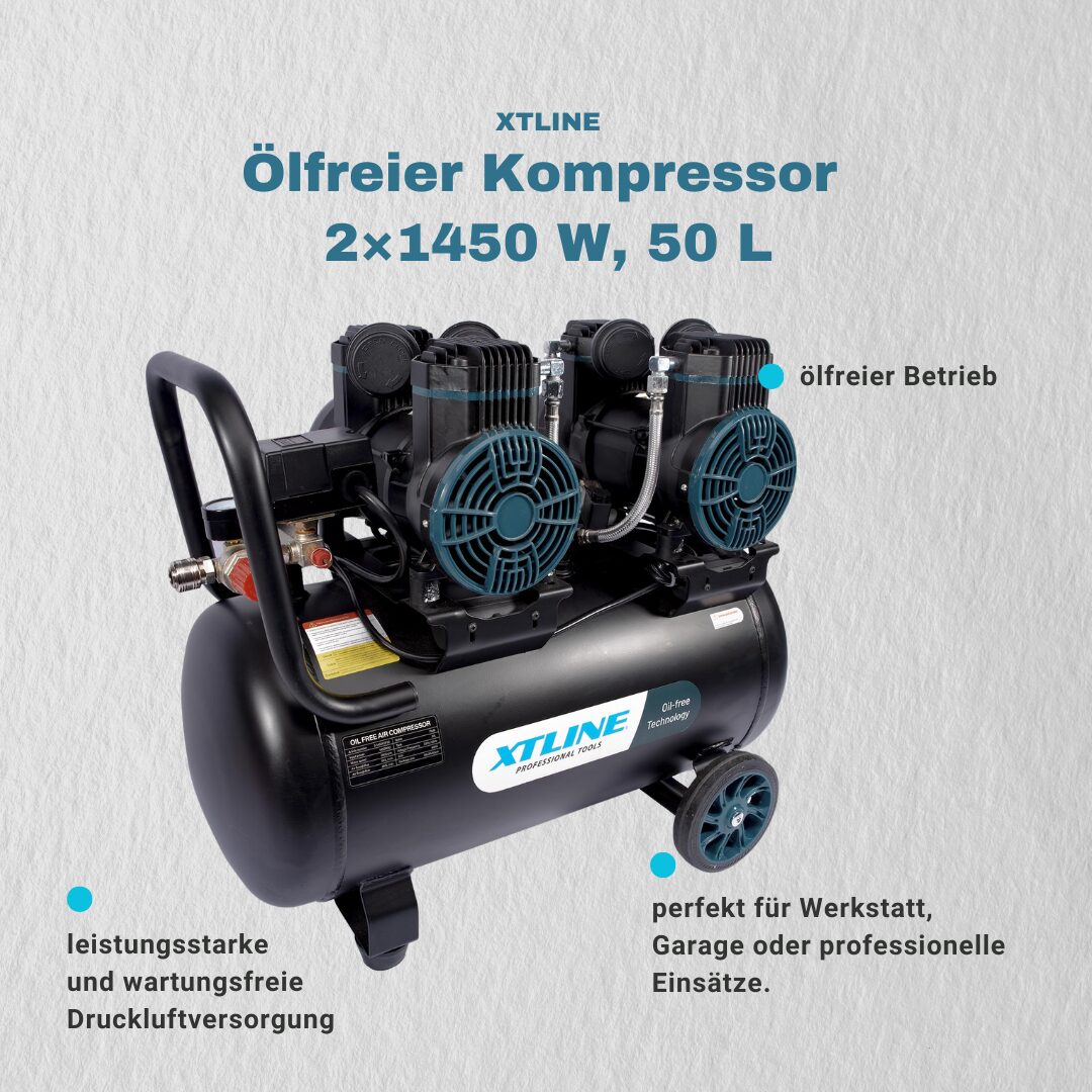 XTLINE Druckluft-Set für Profis | Profi-Druckluftschlagschrauber HONITON mit mächtigen 1356 Nm (1/2”) + ölfreier Flüsterkompressor 50L 7 6