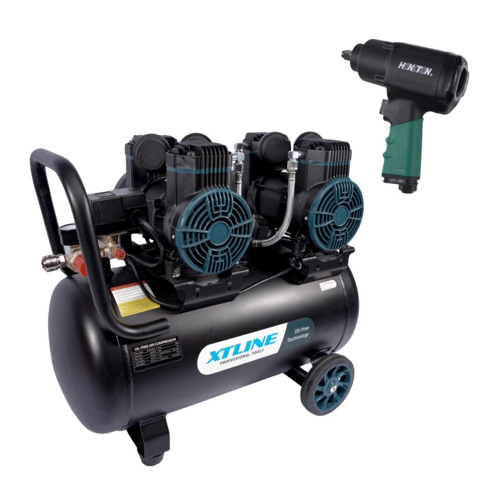 XTLINE Druckluft-Set für Profis | Profi-Druckluftschlagschrauber HONITON mit mächtigen 1356 Nm (1/2”) + ölfreier Flüsterkompressor 50L
