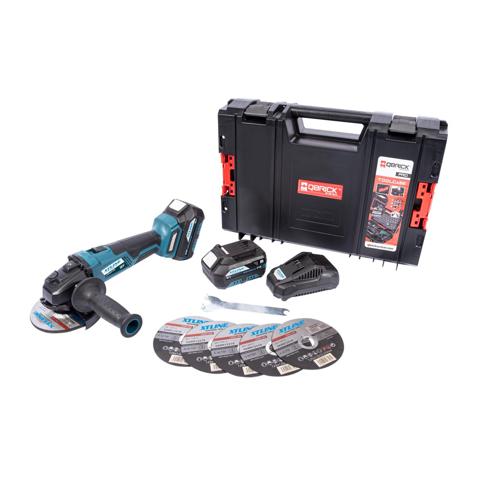 XTLINE Akku-Winkelschleifer, bürstenlos, 18 V, 125 mm, mit 2 Batterien 5.0 Ah, 3.5 A Ladegerät und Koffer 1 XTLINE Akku-Winkelschleifer, bürstenlos, 18 V, 125 mm, mit 2 Batterien 5.0 Ah, 3.5 A Ladegerät und Koffer